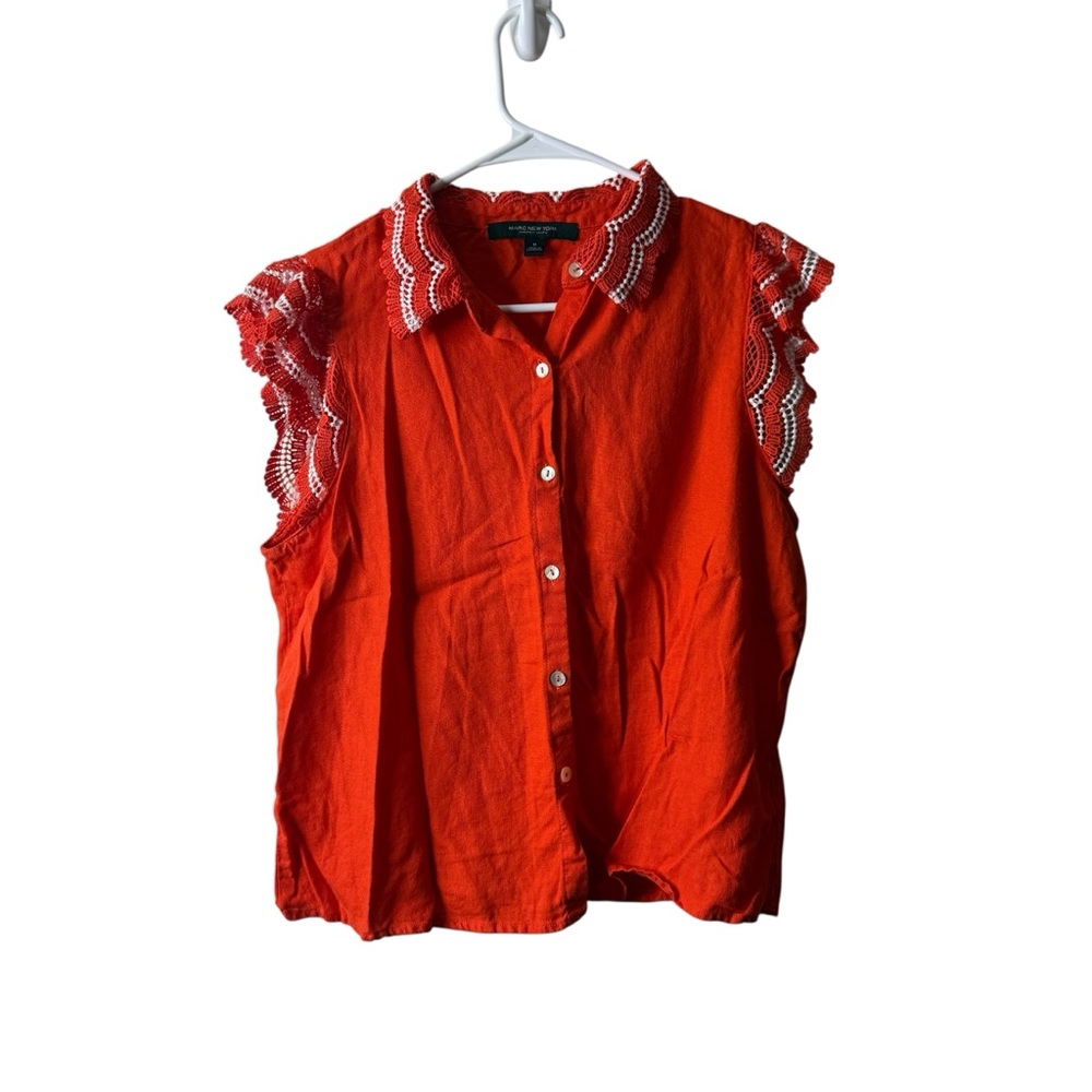 Marc New York Orange Linen Blend Eyelet Ruffle Cap Sleeve Blouse